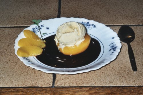 Vanille-Eis mit Schokosauce